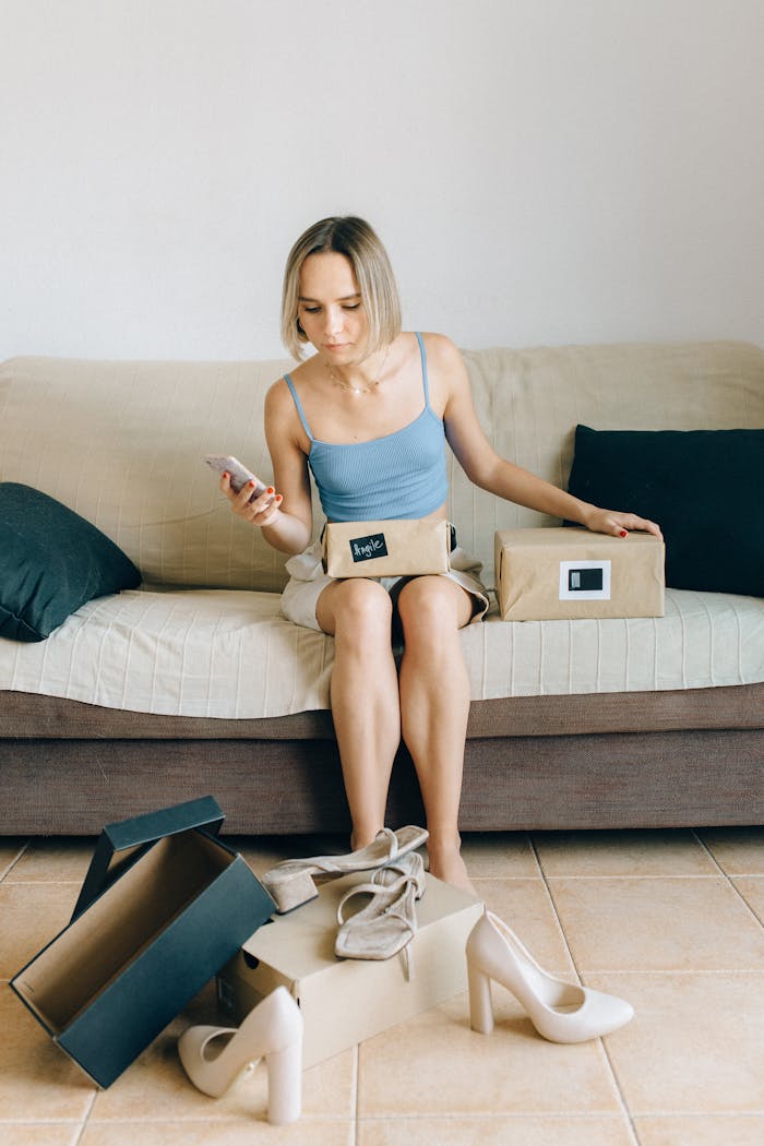 about-img Woman sitting on a sofa with shoes and boxes, shopping online with her phone.